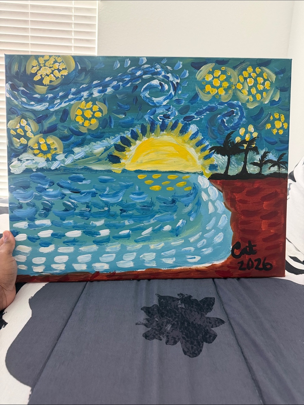 Original Abstract Sun and Sea Acrylic Painting - Blue & Yellow